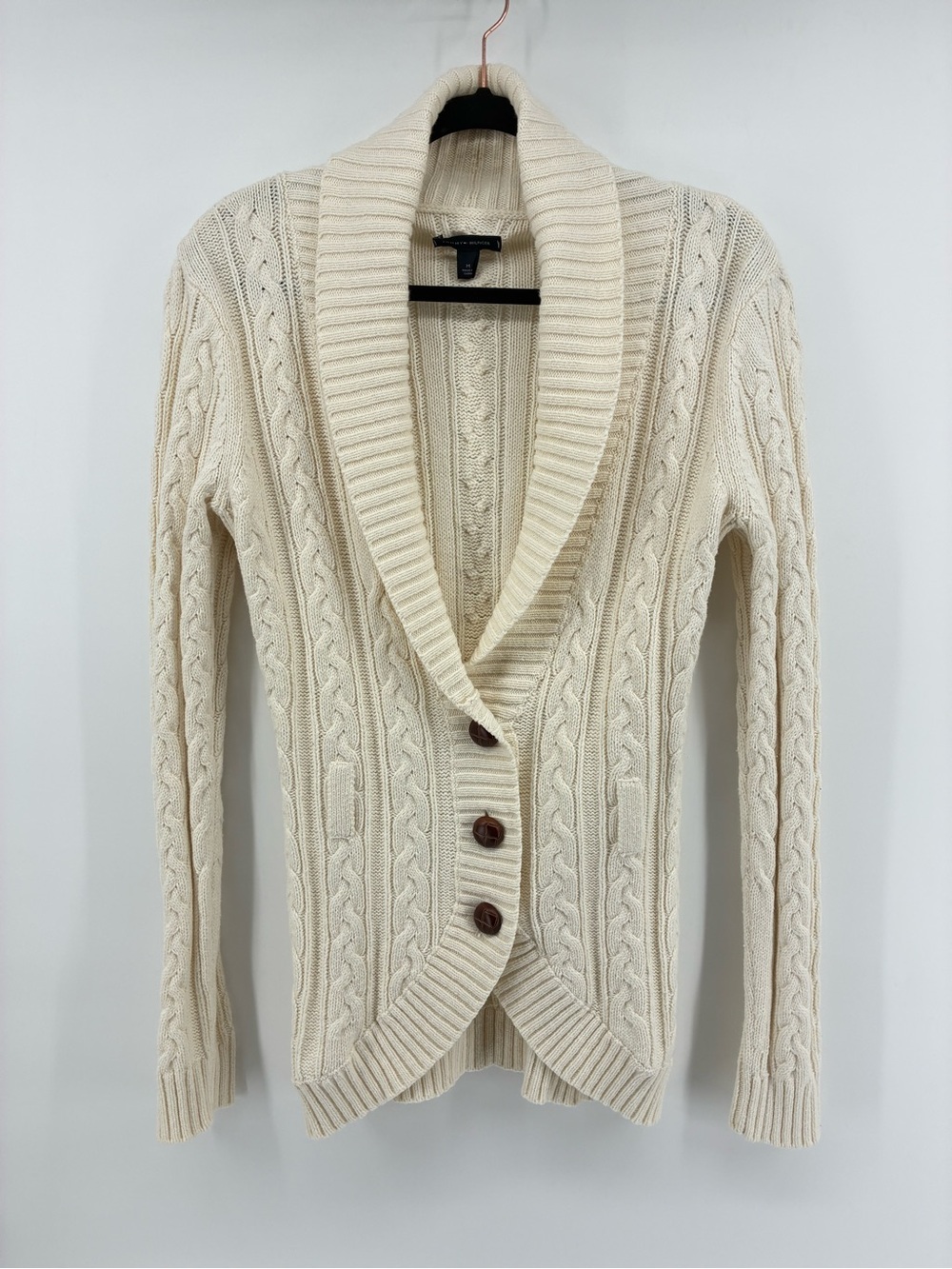Tommy Hilfiger Wool Blend Cream Cable Knit Shawl Collar Button-Front Sweater